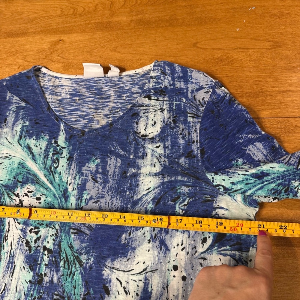 Weekends by Chicos Top Women 2 L Blue Abstract Feather 3/4 Sleeve Cotton Casual - Picture 7 of 10